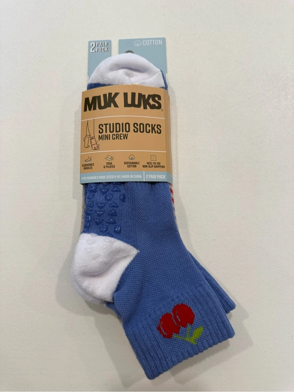 MUK LUKS Studio Socks Mini Crew 2-Pack Blue Cherry Non-Slip Yoga Pilates